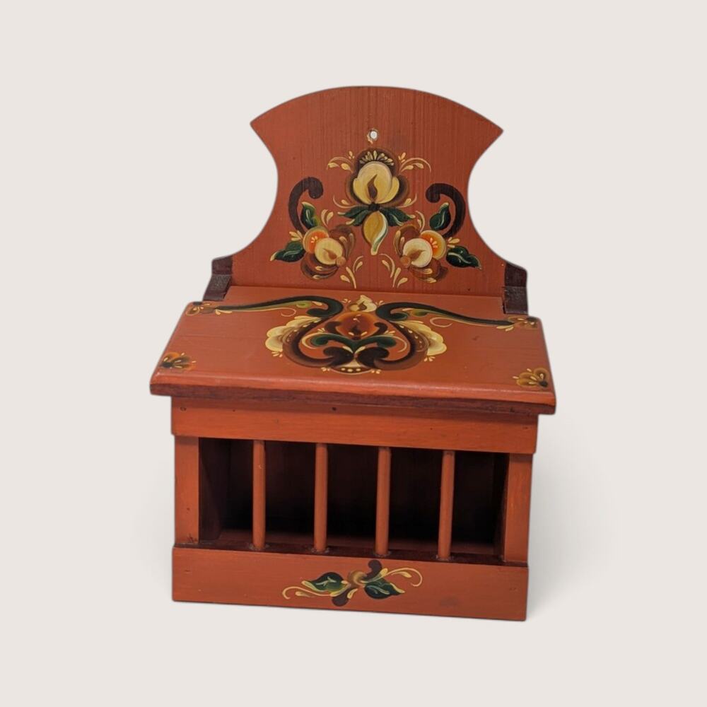 Vintage Hand Painted Wooden Onion Box Folk Art Wall Bin Farmhouse Decor